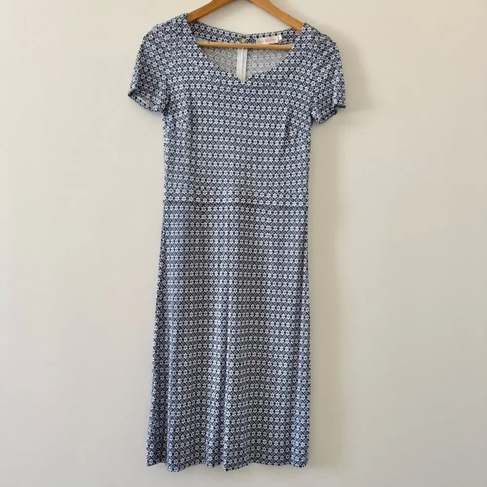 Tory Burch Blue White Geometric Midi Dress XS Tailored Short Sleeve Minimalist